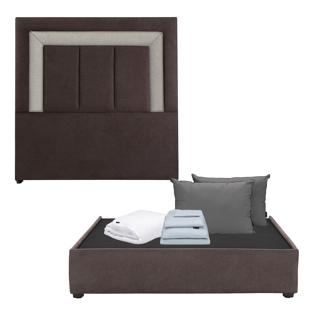 Cabecera Dicasa Bora con Base Cama Café con Beige y Ropa de Cama