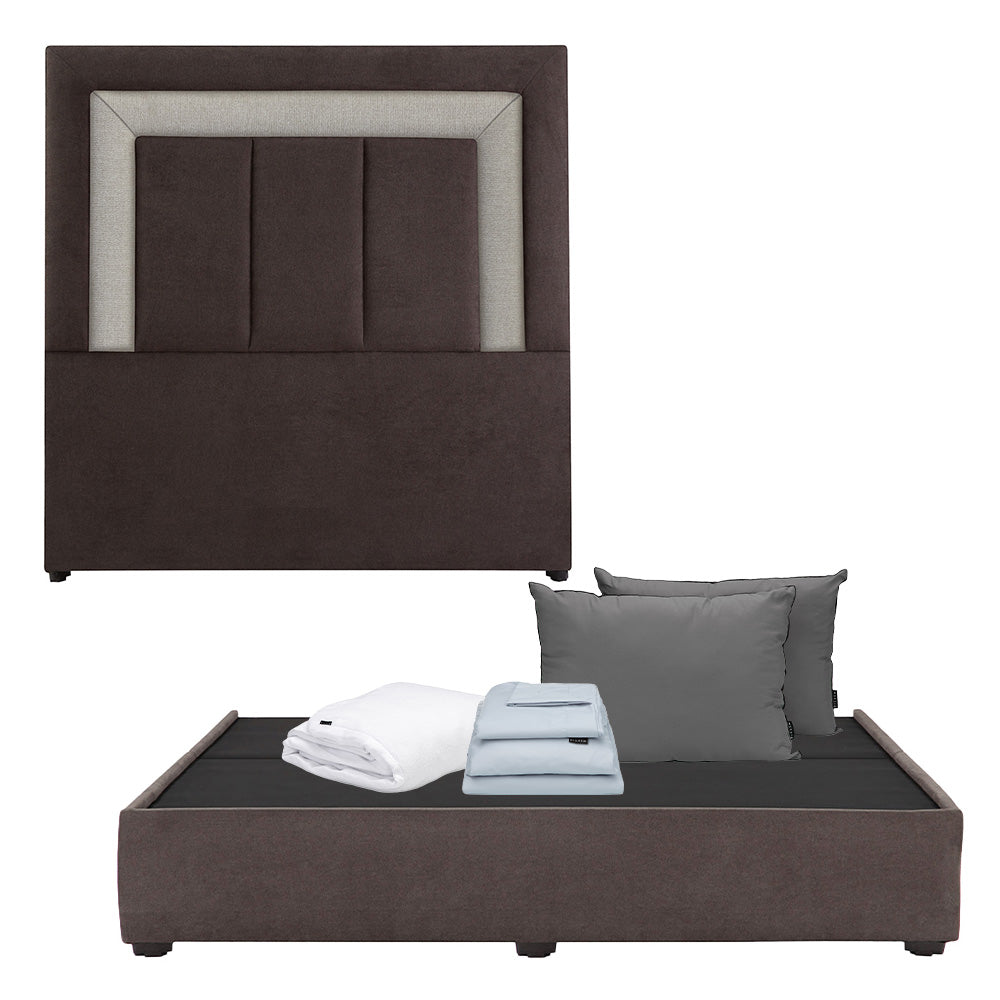 Cabecera Dicasa Bora con Base Cama Café con Beige y Ropa de Cama