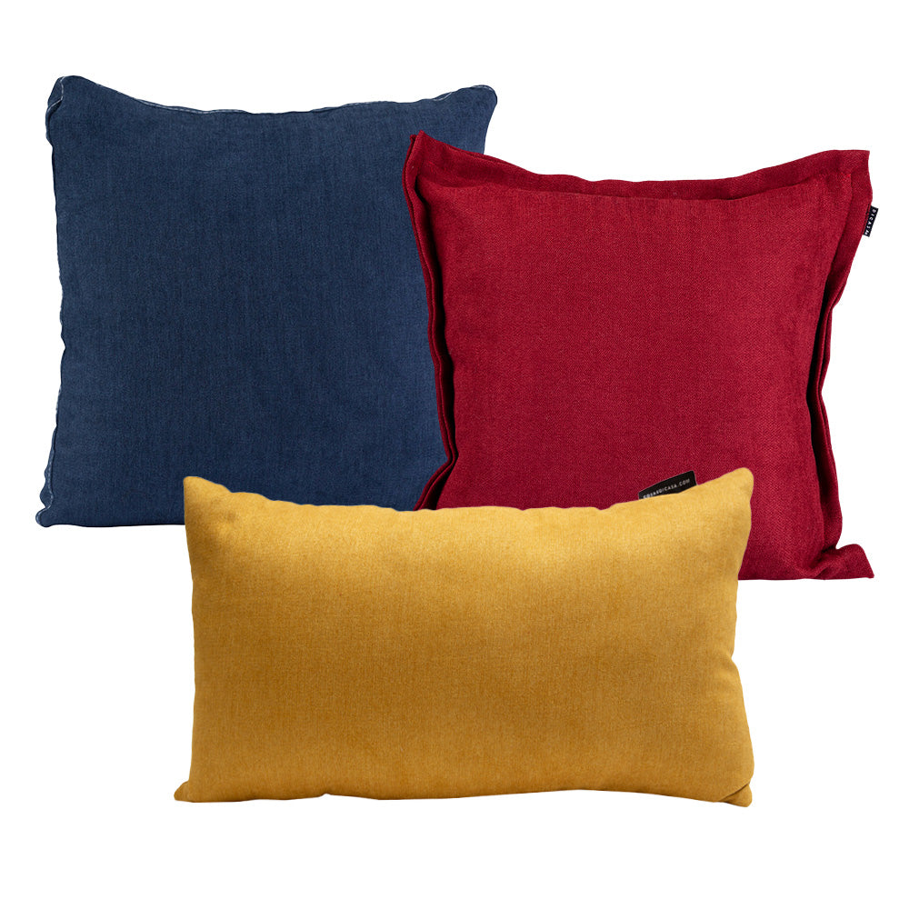 Set de 3 Cojines Dicasa Kappa Rojo, Zita Azul Marino y Delta Mostaza