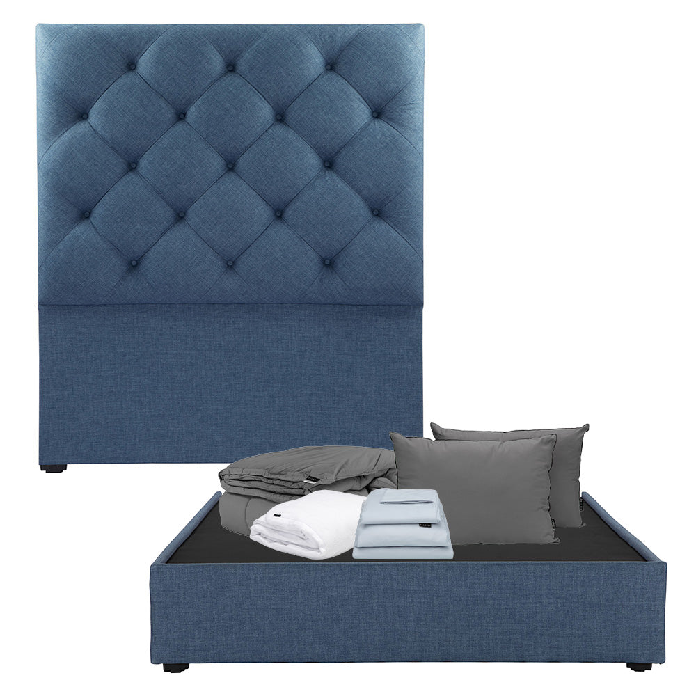 Cabecera Dicasa Ikki con Base Cama Azul Denim con Ropa de Cama