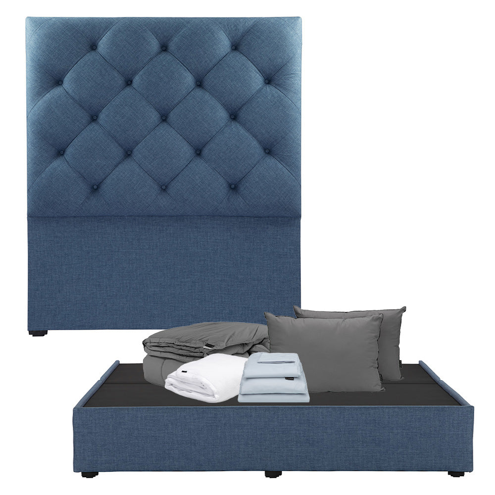 Cabecera Dicasa Ikki con Base Cama Azul Denim con Ropa de Cama