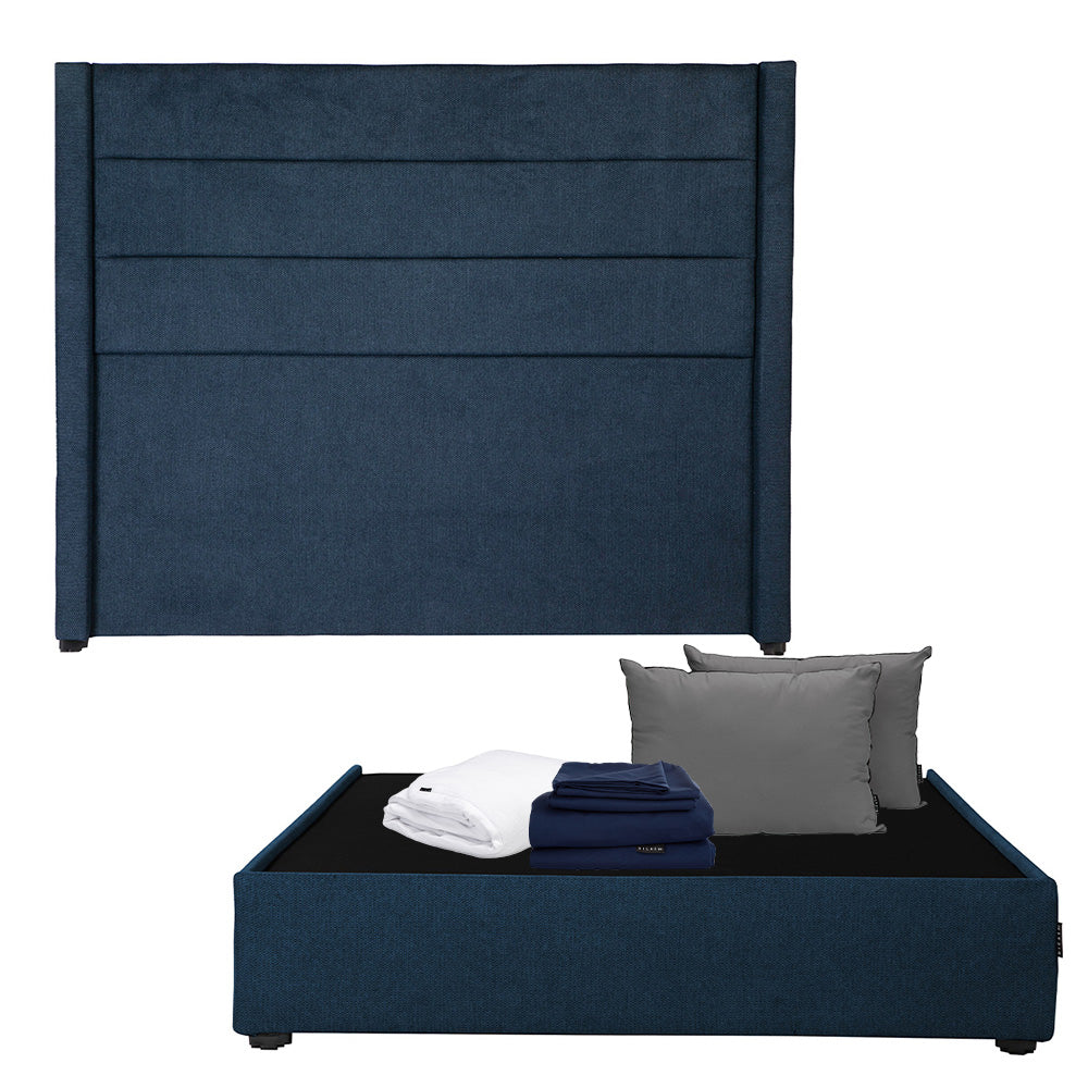 Cabecera Dicasa Lugo con Base Cama Azul Oscuro con Ropa de Cama