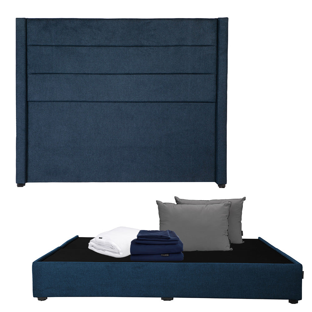 Cabecera Dicasa Lugo con Base Cama Azul Oscuro con Ropa de Cama