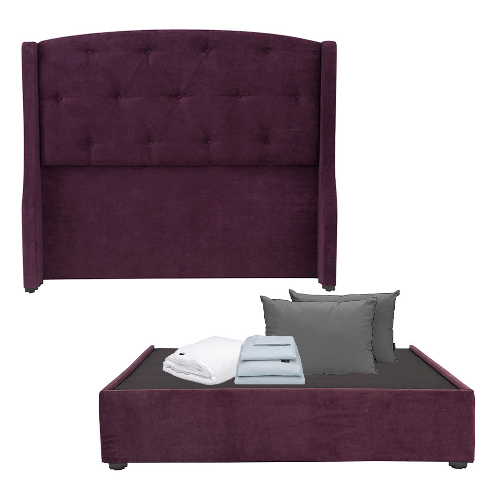 Cabecera Dicasa Zefyr con Base Cama Morado con Ropa de Cama