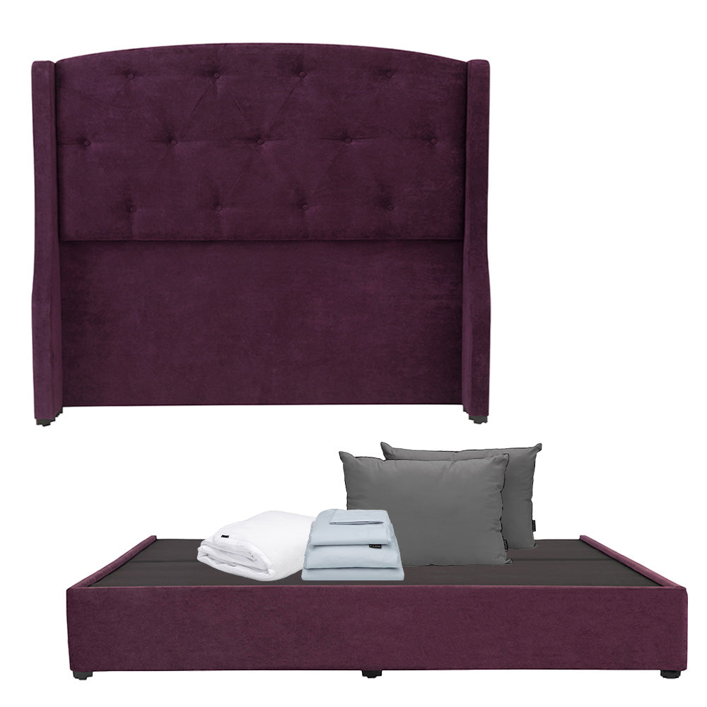 Cabecera Dicasa Zefyr con Base Cama Morado con Ropa de Cama