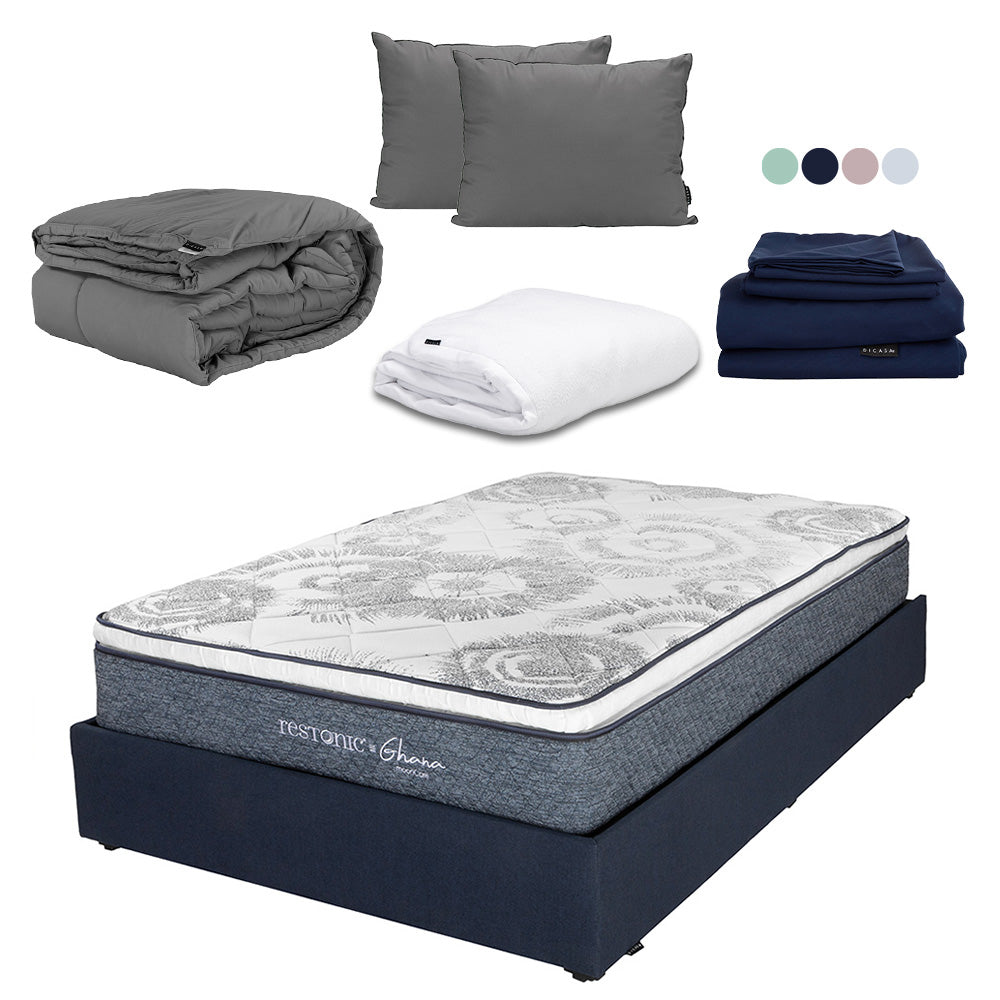 Colchón Restonic Ghana con Base Cama con Ropa de Cama