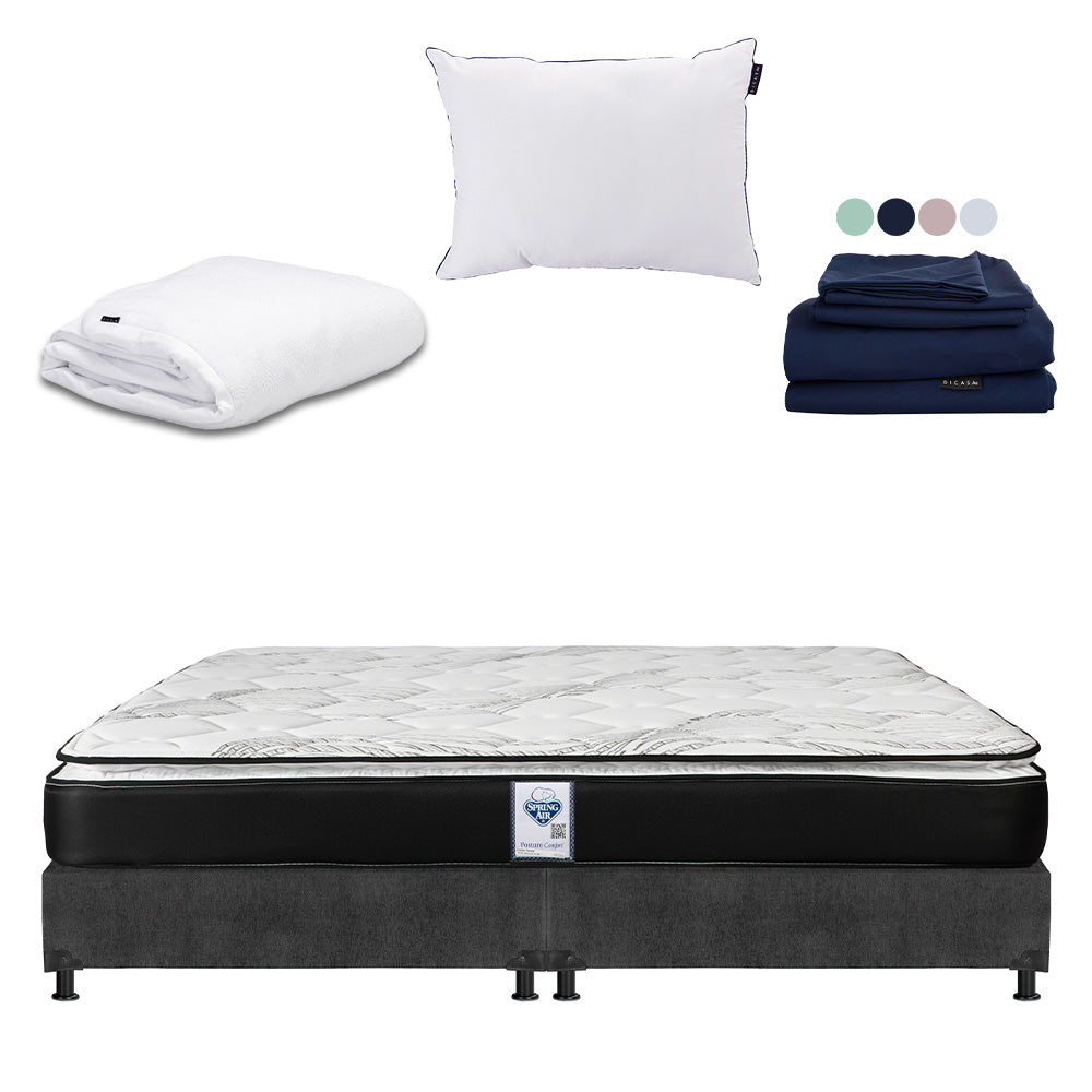 Colchón Spring Air Premier con Box Gris Oscuro con Ropa de Cama