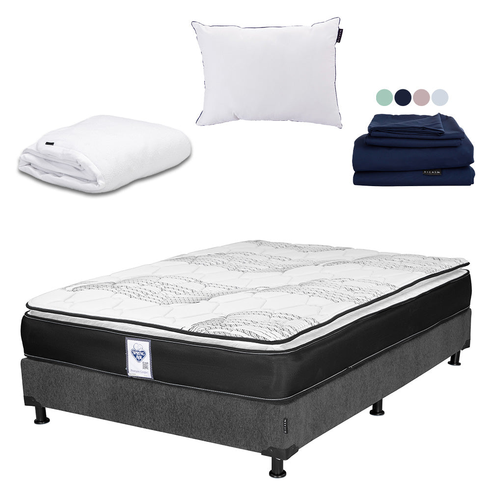 Colchón Spring Air Premier con Box Gris Oscuro con Ropa de Cama