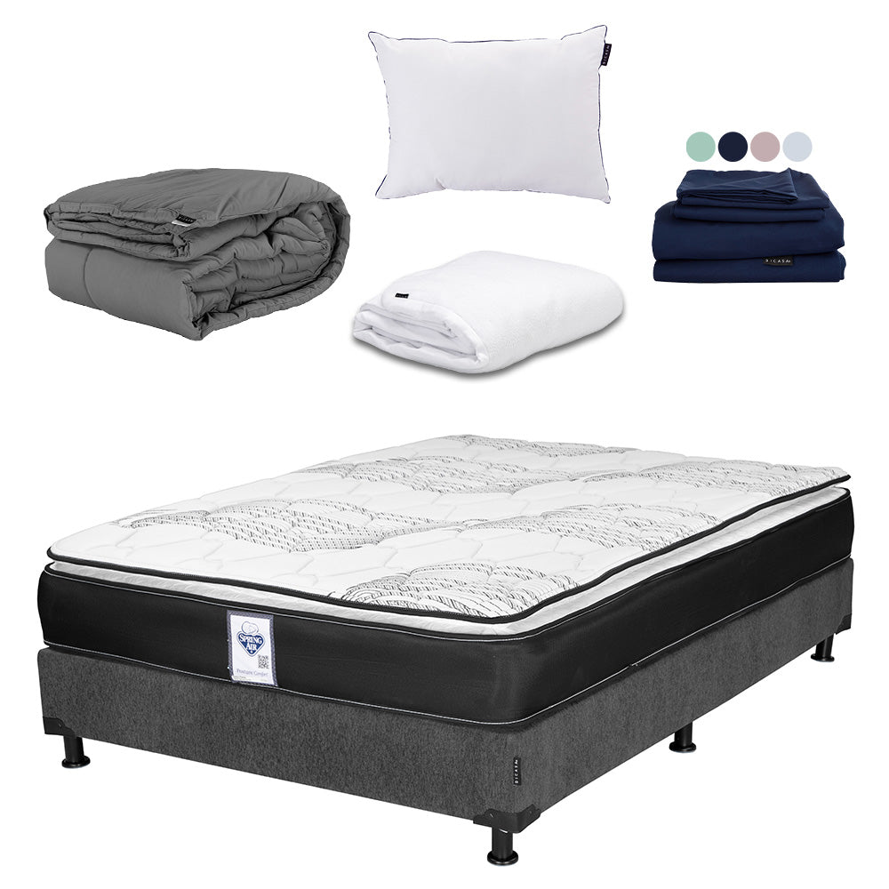 Colchón Spring Air Premier con Box Gris Oscuro con Ropa de Cama
