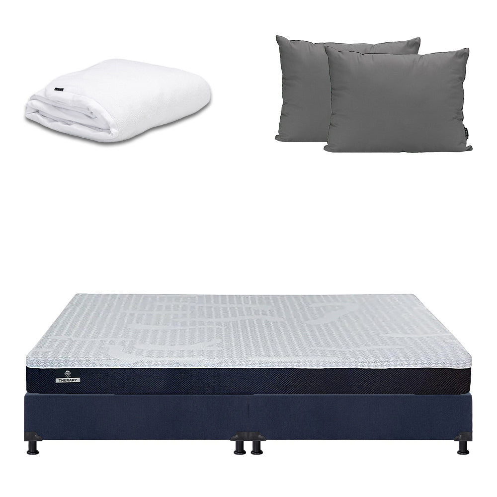 Colchón Spring Air Therapy con Box Azul Marino con Ropa de Cama