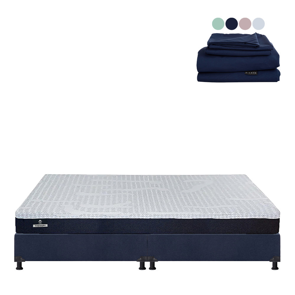 Colchón Spring Air Therapy con Box Azul Marino con Ropa de Cama