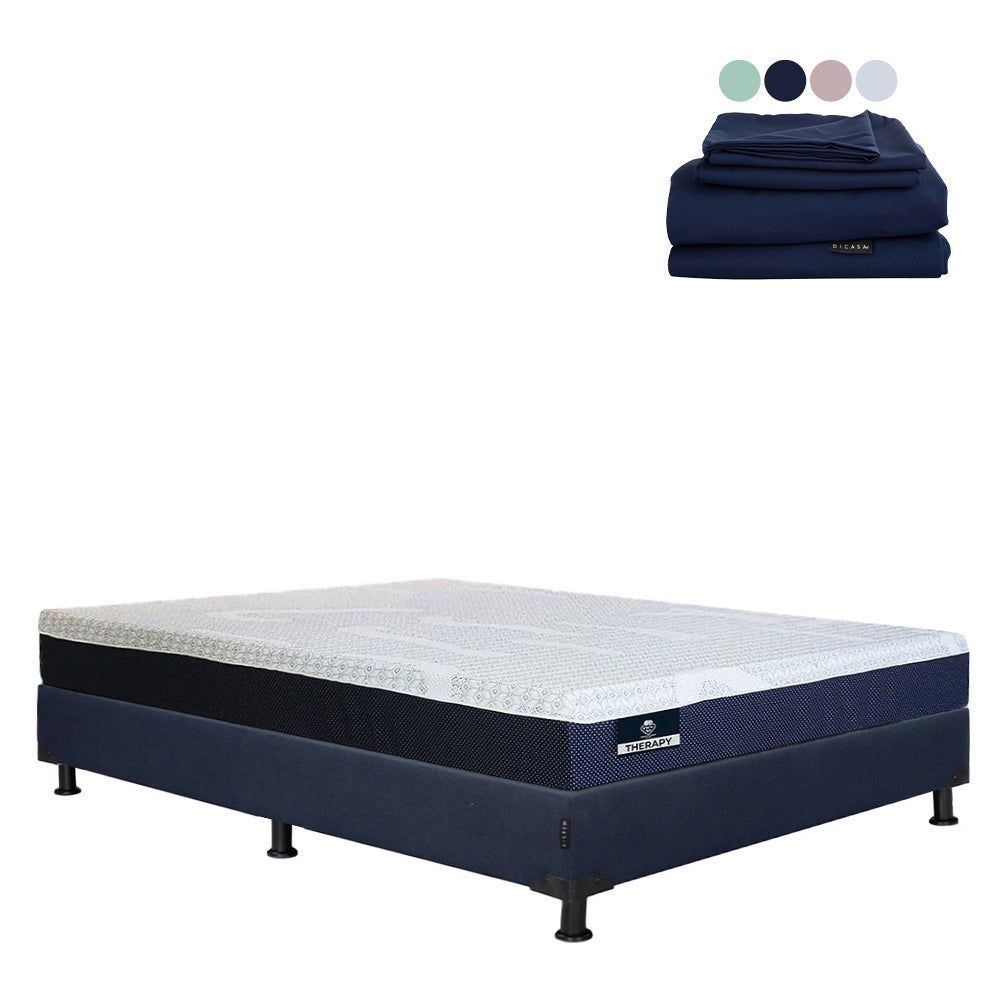 Colchón Spring Air Therapy con Box Azul Marino con Ropa de Cama