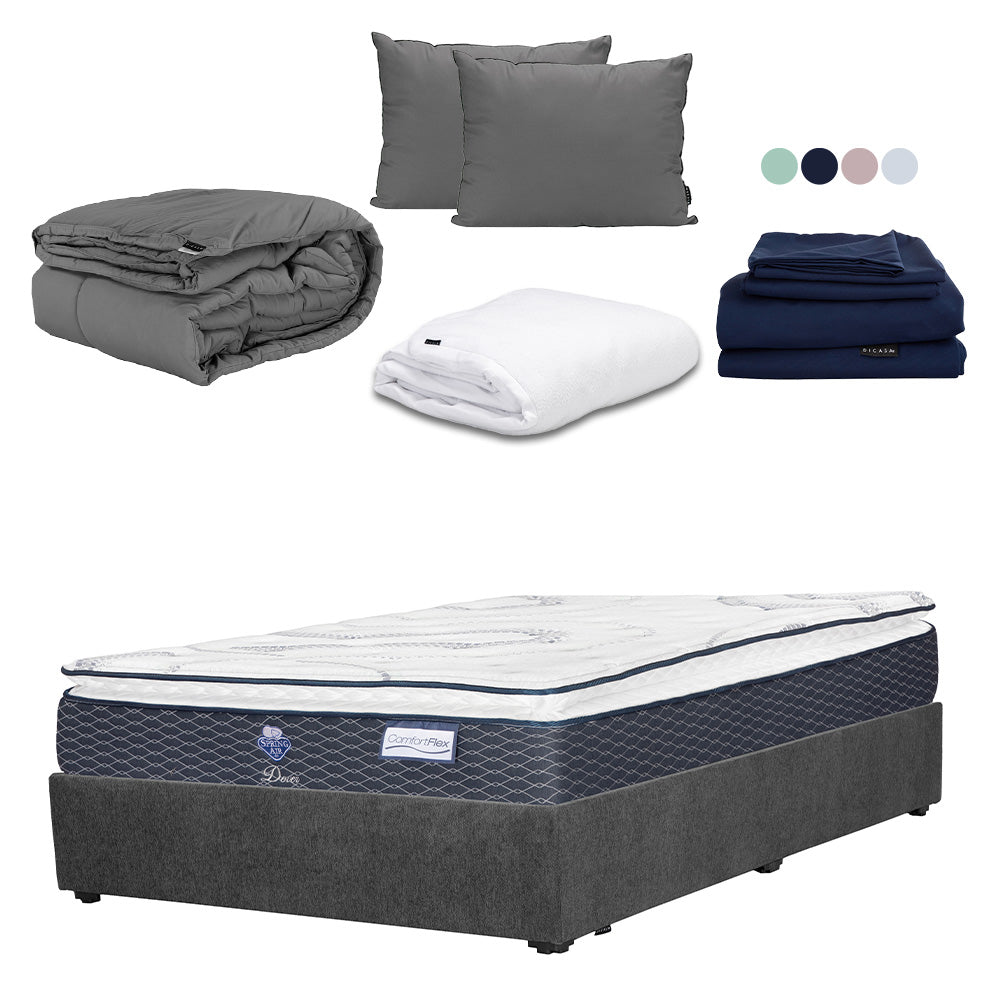 Colchón Spring Air Dover con Base Cama Gris Carbón con Ropa de Cama