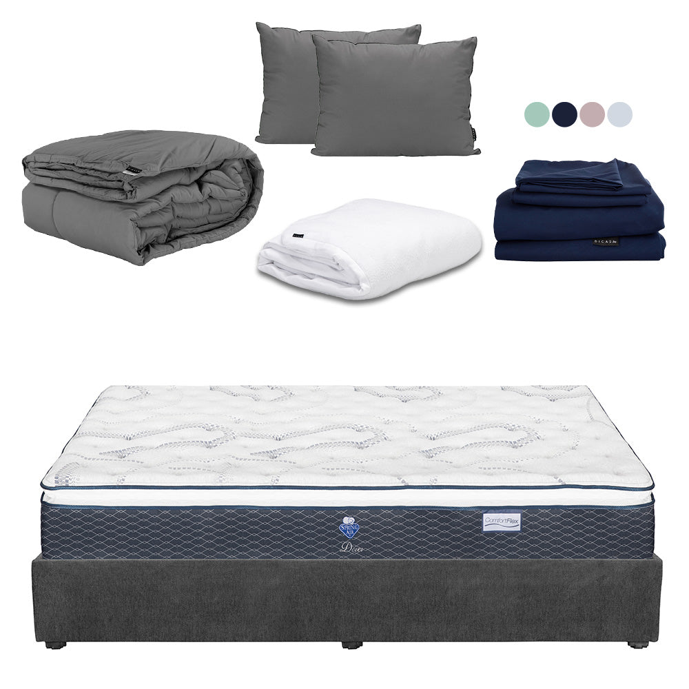 Colchón Spring Air Dover con Base Cama Gris Carbón con Ropa de Cama