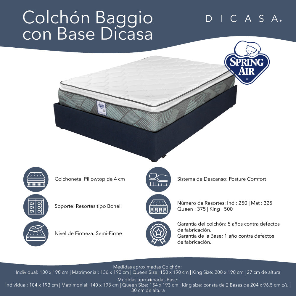 Colchón Spring Air Baggio con Base Cama con Ropa de Cama