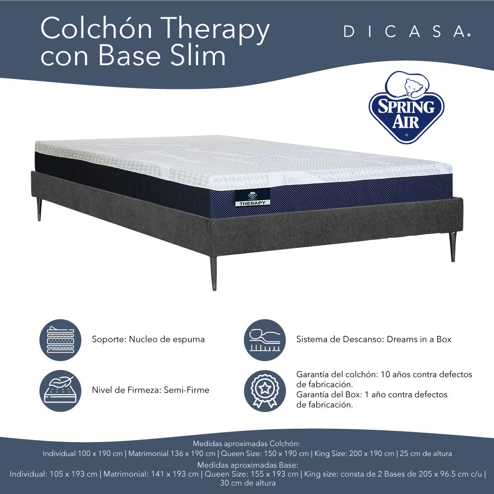 Colchón Spring Air Therapy con Base Slim con Ropa de Cama