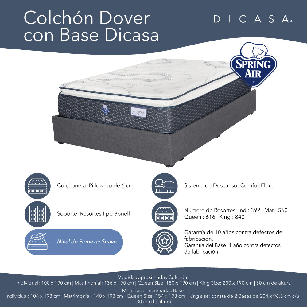 Colchón Spring Air Dover con Base Cama con Ropa de Cama