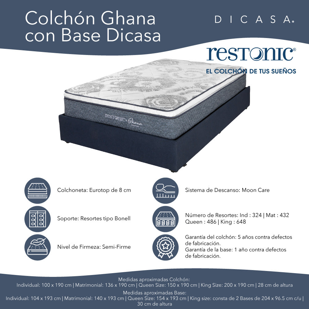 Colchón Restonic Ghana con Base Cama con Ropa de Cama