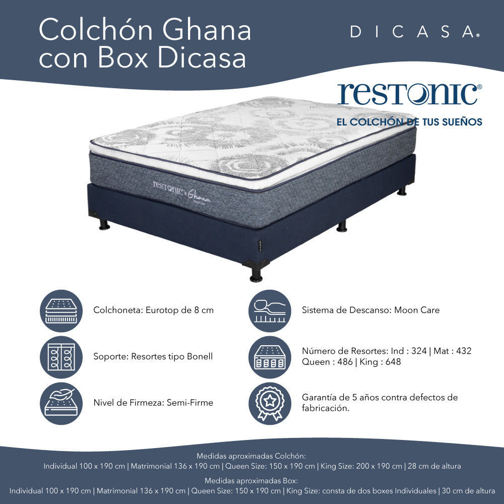 Colchón Restonic Ghana con Box con Ropa de Cama