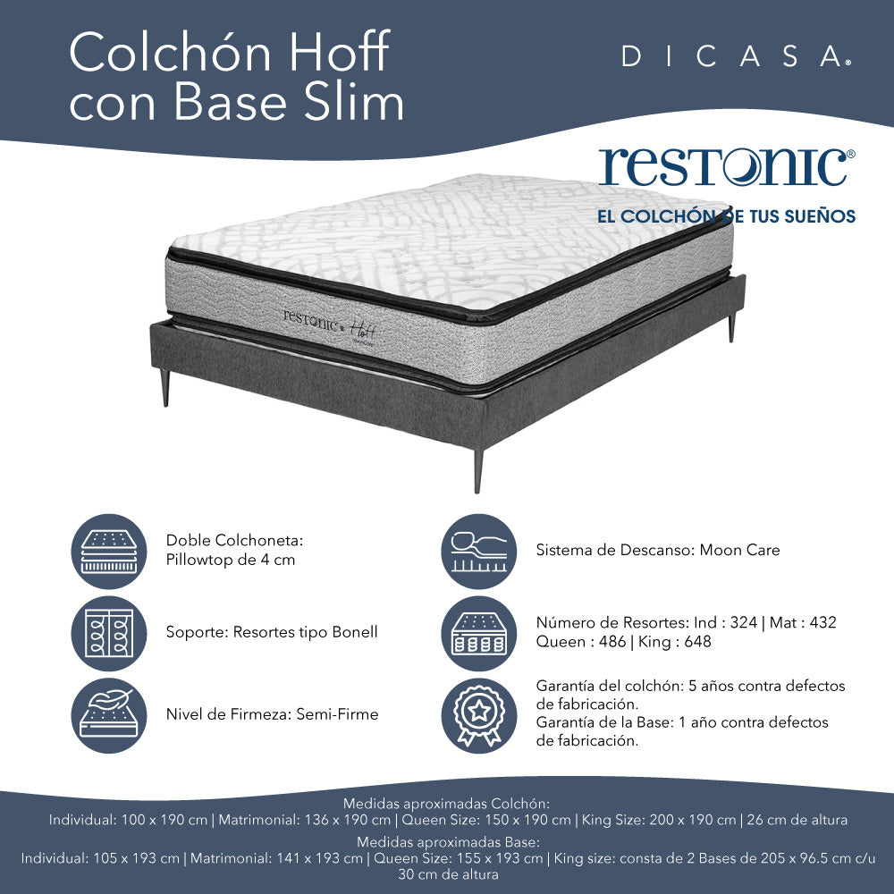 Colchón Restonic Hoff con Base Slim con Ropa de Cama