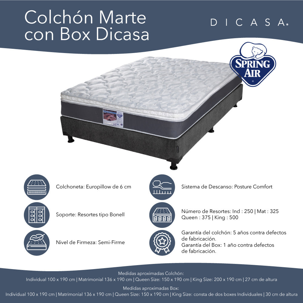 Colchón Spring Air Marte con Box Gris Carbón con Ropa de Cama