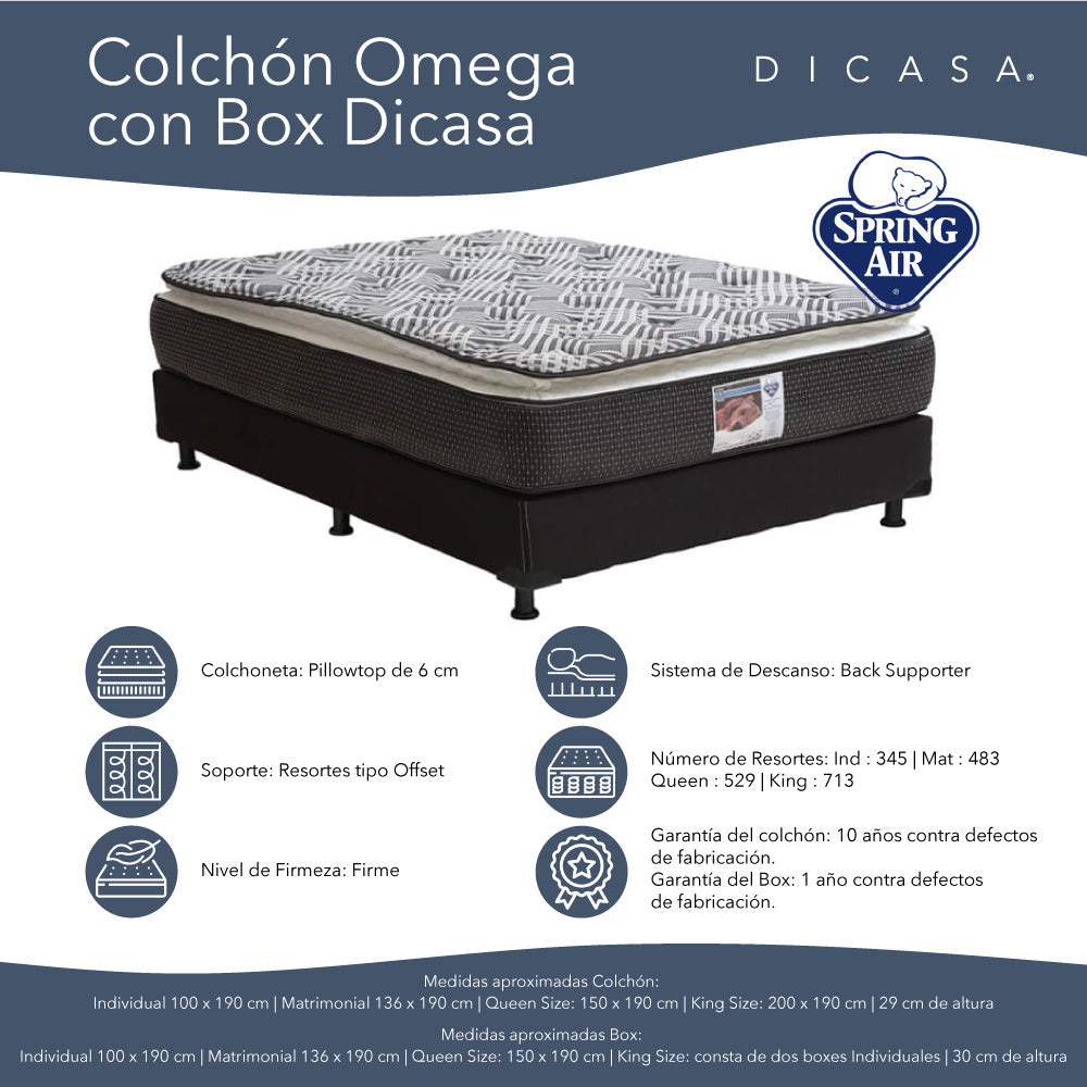 Colchón Spring Air Omega con Box con Ropa de Cama