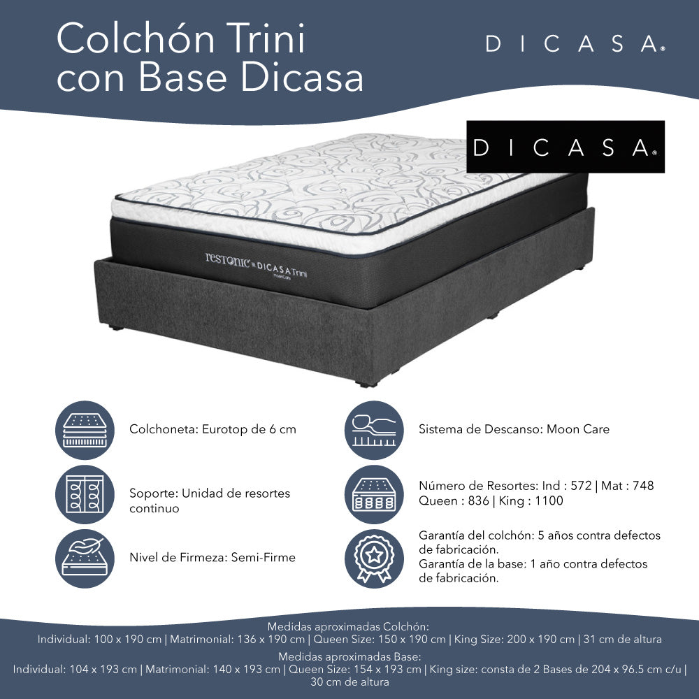 Colchón Dicasa Trini con Base Cama Gris Carbón con Ropa de Cama