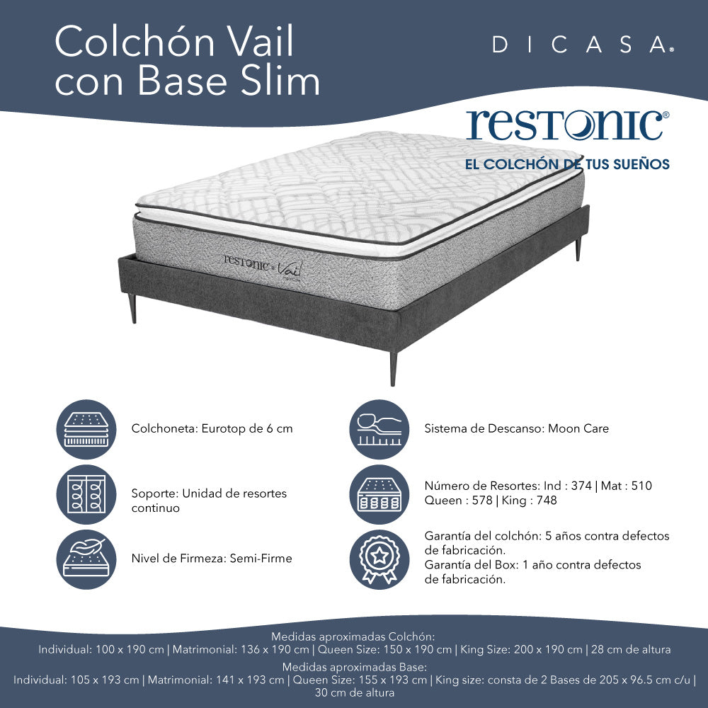 Colchón Restonic Vail con Base Slim con Ropa de Cama