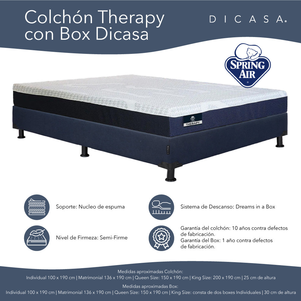 Colchón Spring Air Therapy con Box Azul Marino con Ropa de Cama