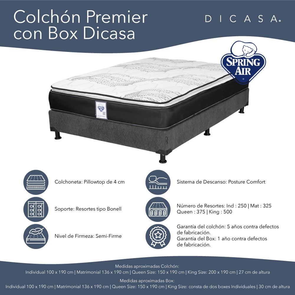 Colchón Spring Air Premier con Box Gris Oscuro con Ropa de Cama