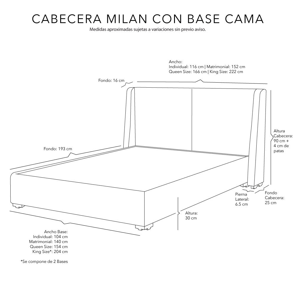 Cabecera Dicasa Milan con Base Cama con Colchón