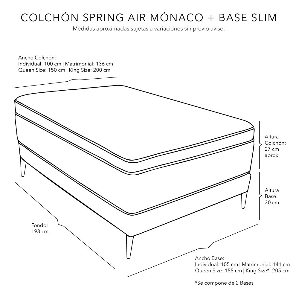 Colchón Spring Air Monaco con Base Slim y Ropa de Cama