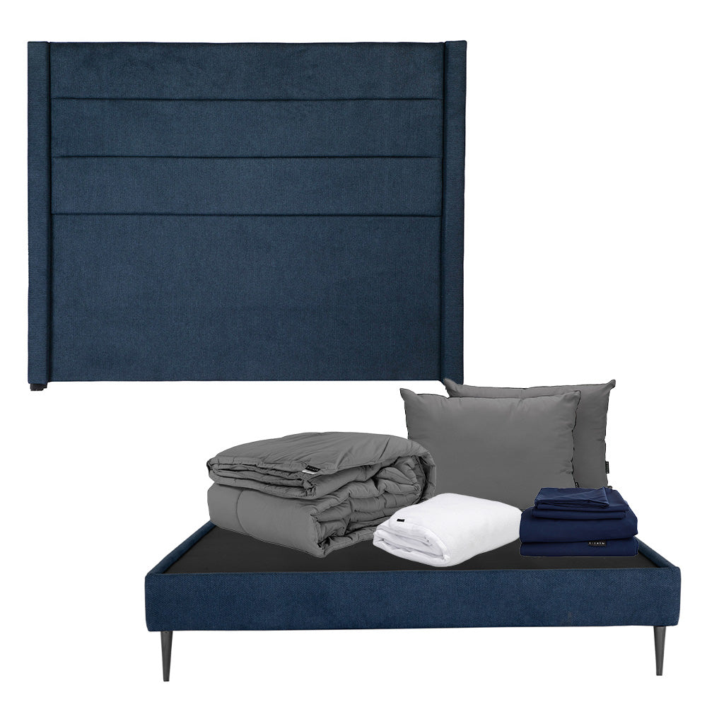 Cabecera Dicasa Lugo con Base Cama Slim Azul con Ropa de Cama