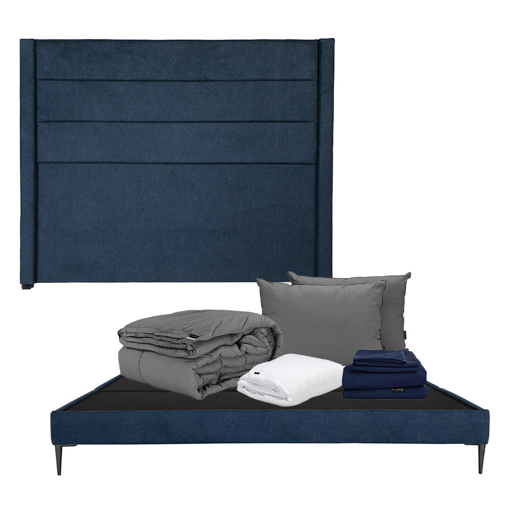Cabecera Dicasa Lugo con Base Cama Slim Azul con Ropa de Cama
