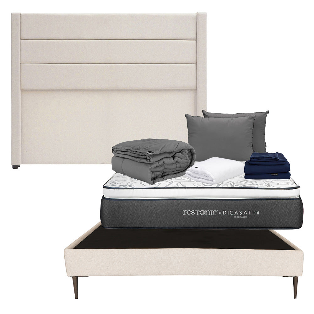 Colchón Dicasa Trini con Cabecera Lugo y Base Cama Slim Beige con Ropa de Cama