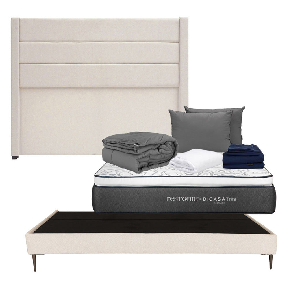 Colchón Dicasa Trini con Cabecera Lugo y Base Cama Slim Beige con Ropa de Cama