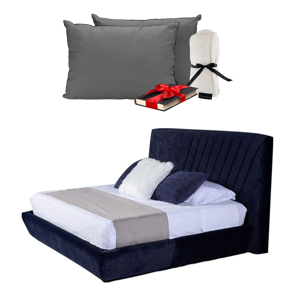 Cabecera Dicasa Drax con Base Cama Azul. Regalo: Almohadas, Frazada y Libro