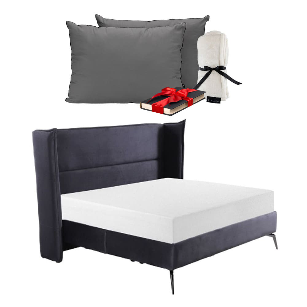 Cabecera Dicasa Nix con Base Cama Gris. Regalo: Almohadas, Frazada y Libro