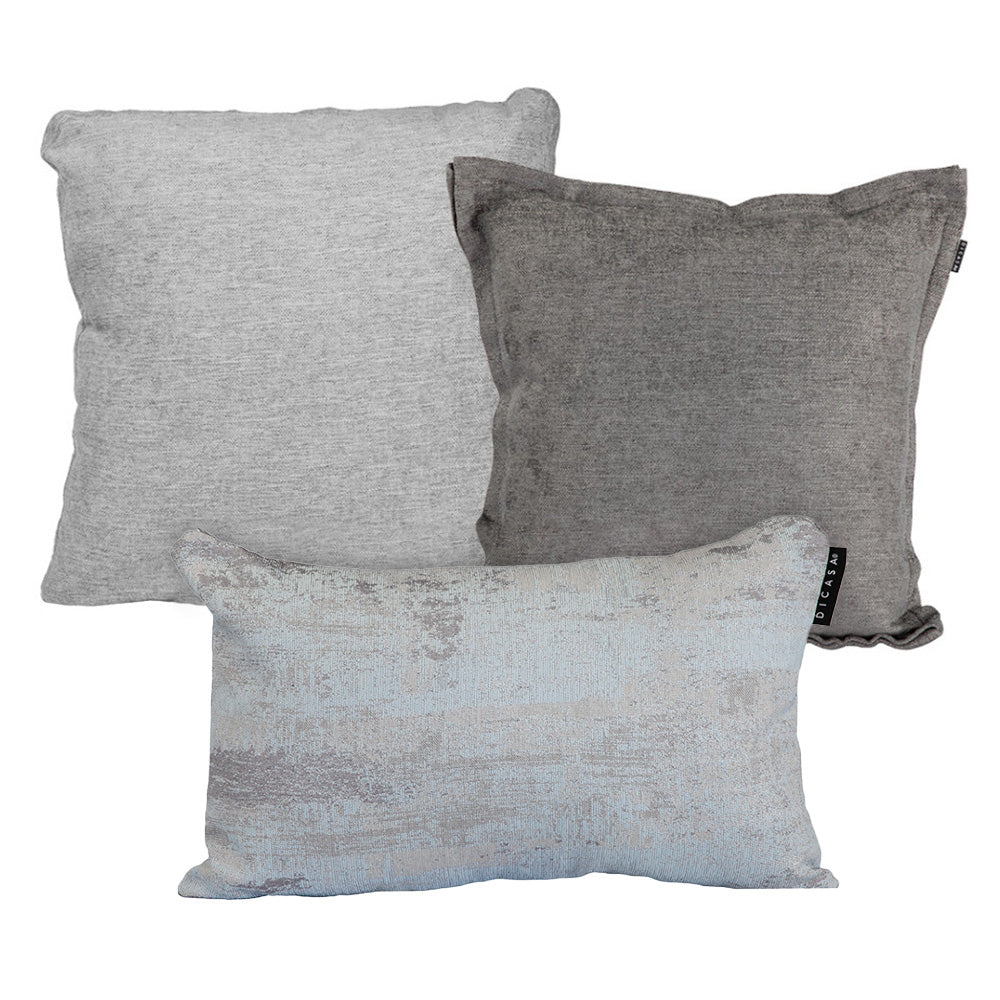 Set de 3 Cojines Dicasa Kappa Gris Oscuro, Zita Plata y Delta Azul