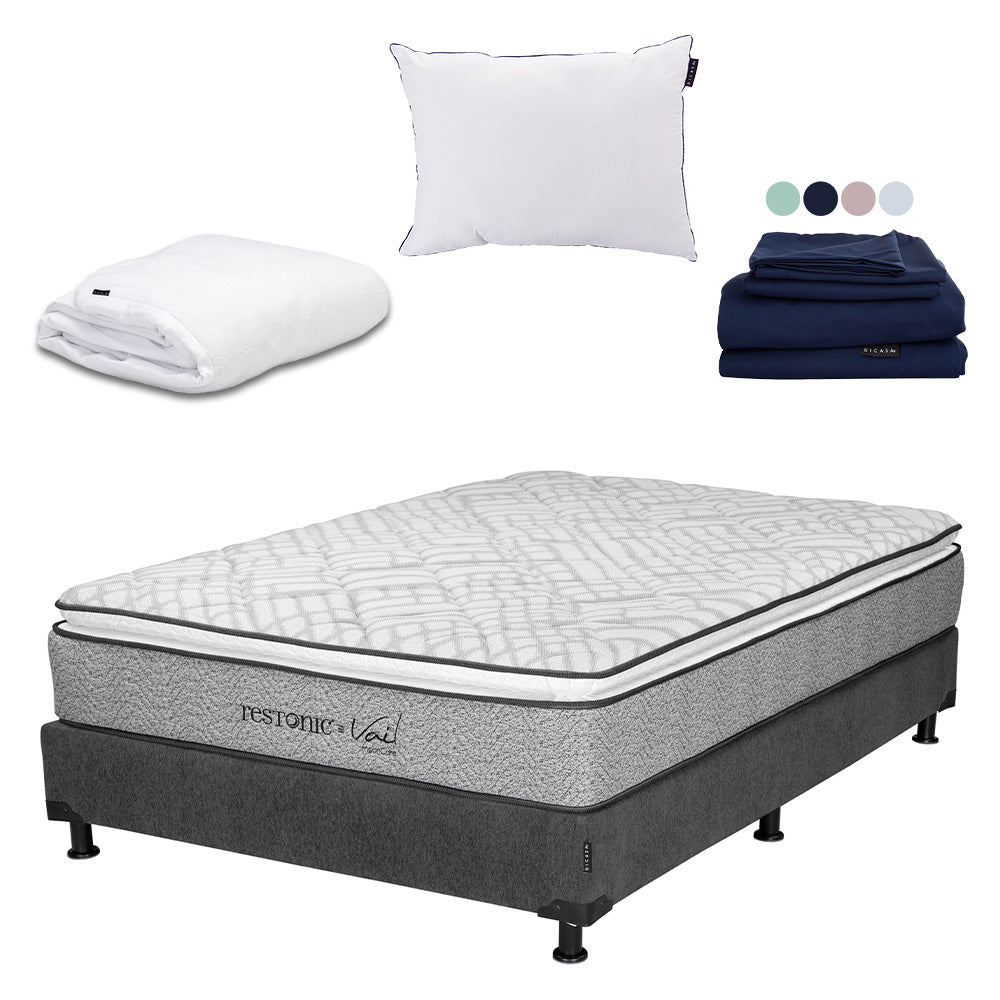 Colchón Restonic Vail con Box Gris Carbón con Ropa de Cama
