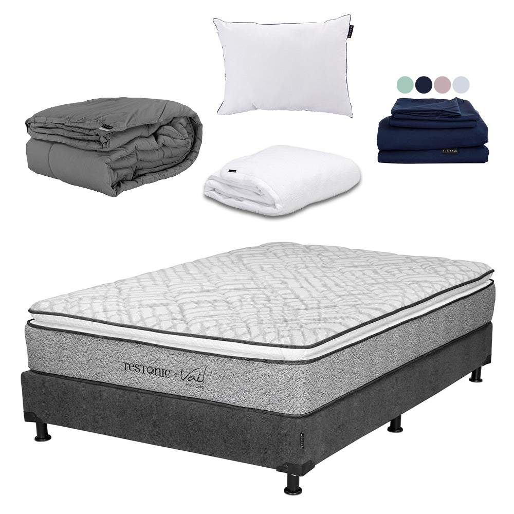 Colchón Restonic Vail con Box Gris Carbón con Ropa de Cama