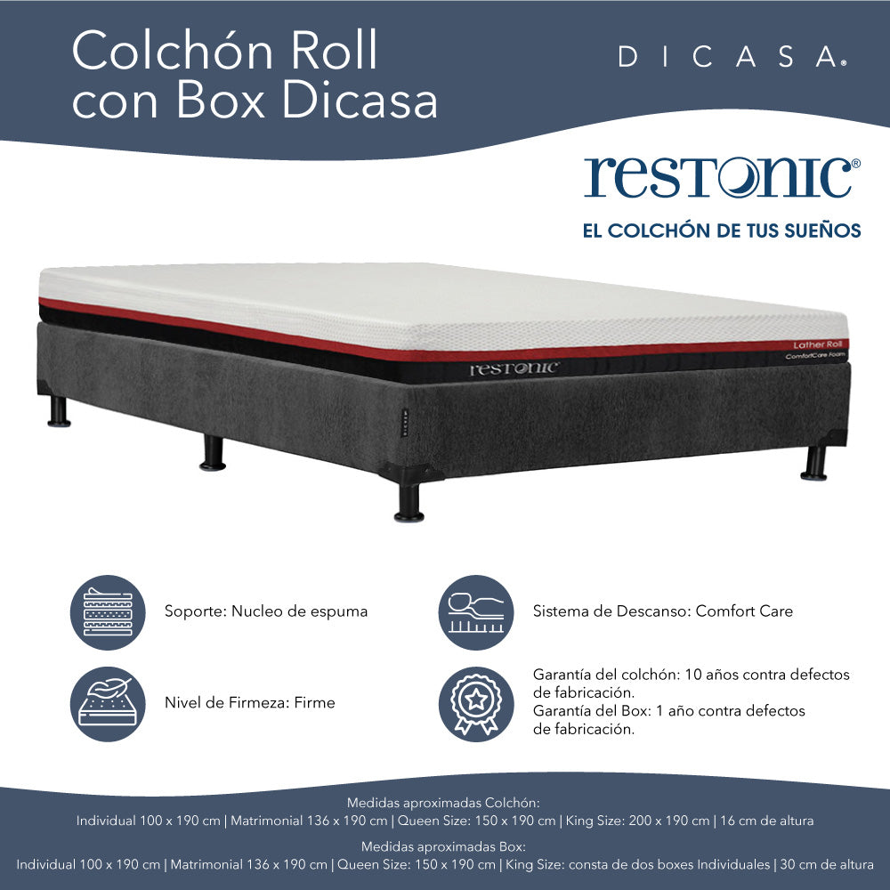 Colchón en caja Restonic Roll con Box Gris Carbón con Ropa de Cama