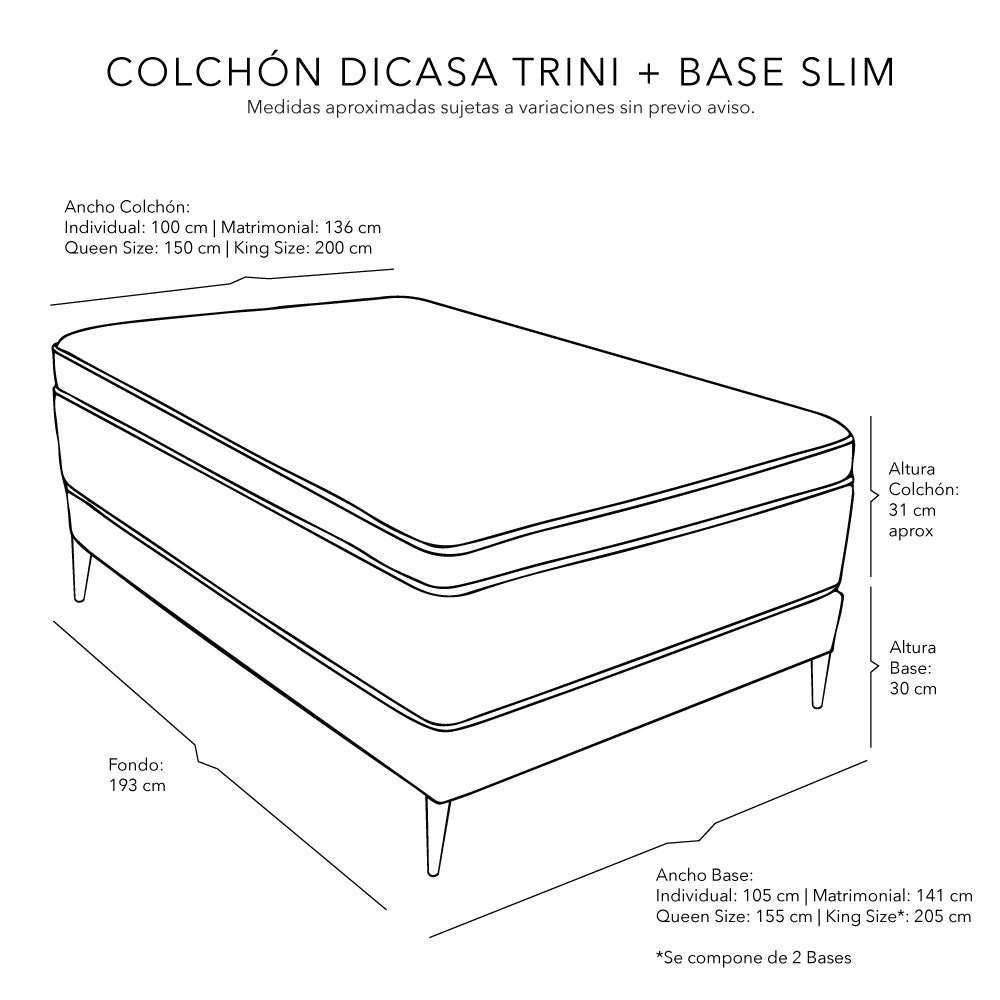 Colchón Dicasa Trini con Base Cama Slim y Ropa de Cama